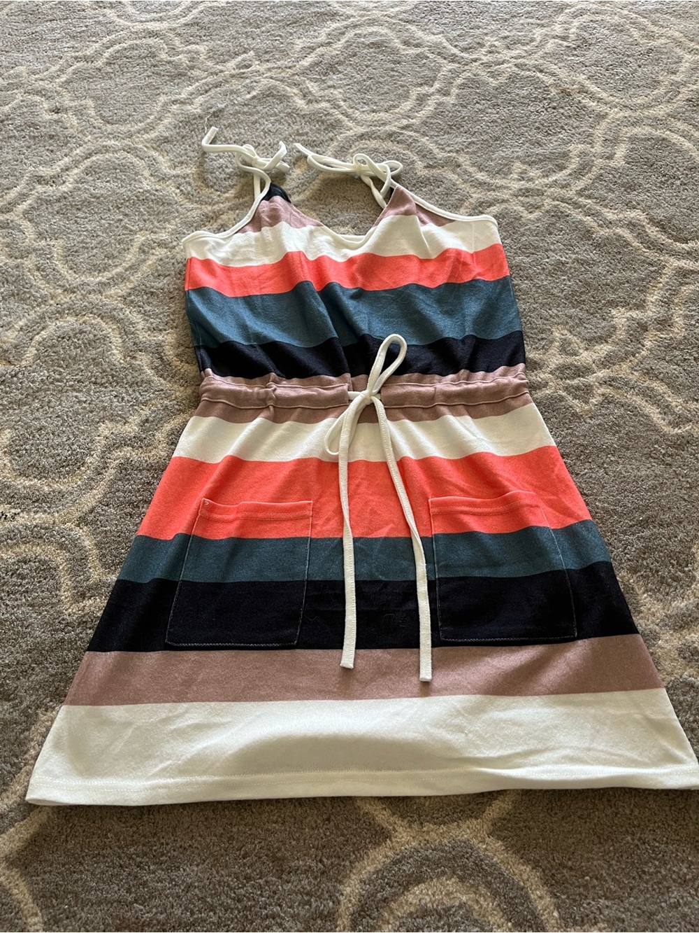 Girls Striped Tie-Waist Tank Dress - Coral, Navy & Cream
